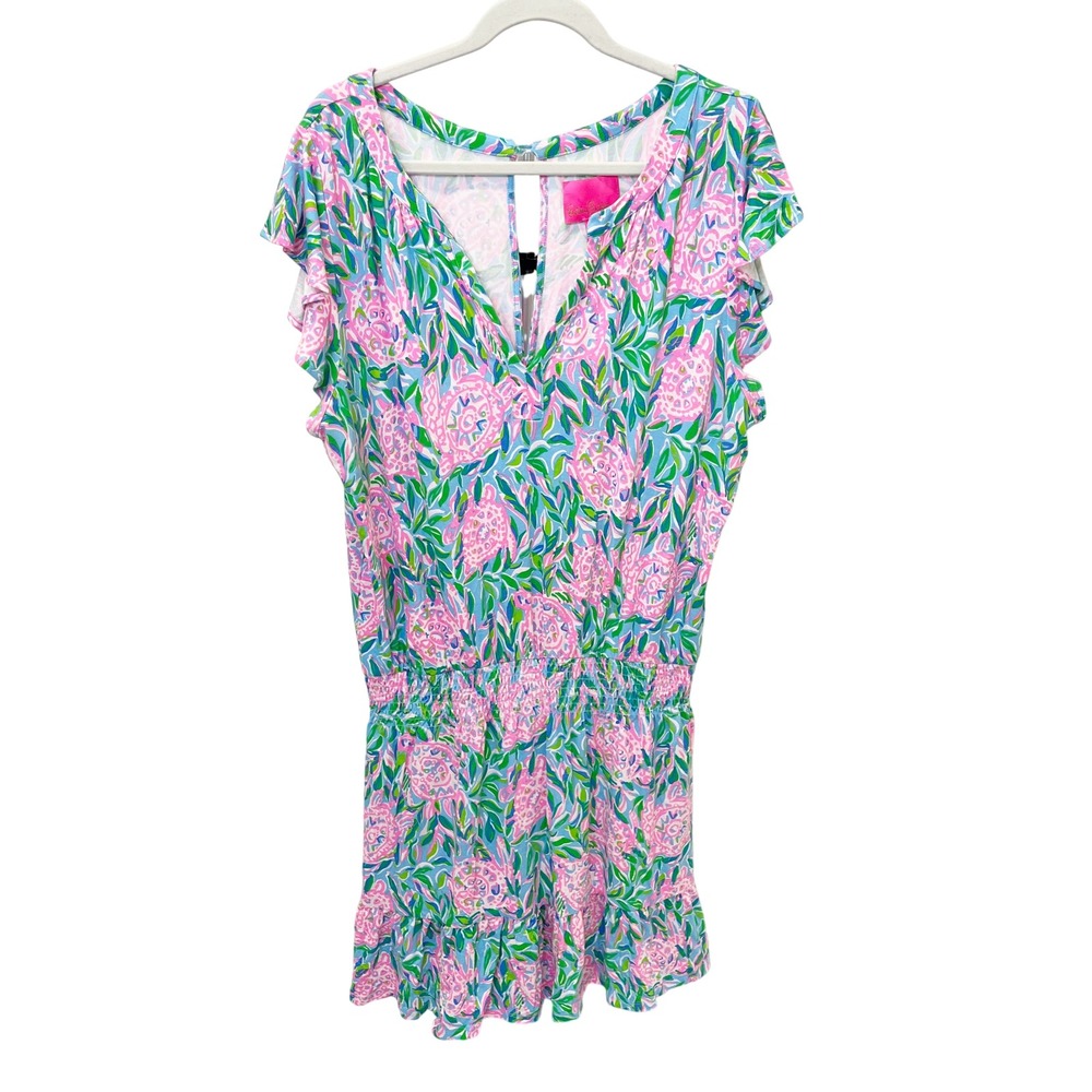 Lilly Pulitzer Ravi Romper Frenchie Blue Turtley in Love VNeck Flutter Sleeve XL